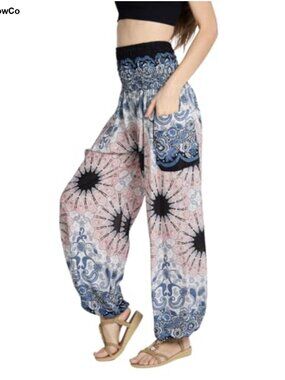 High Waisted Boho Harem Yoga Pants Rayon Smocked Waist Pockets